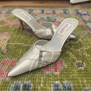 Vintage Dyables White Satin Pointed-Toe Mule Heels with Crystal Buckle